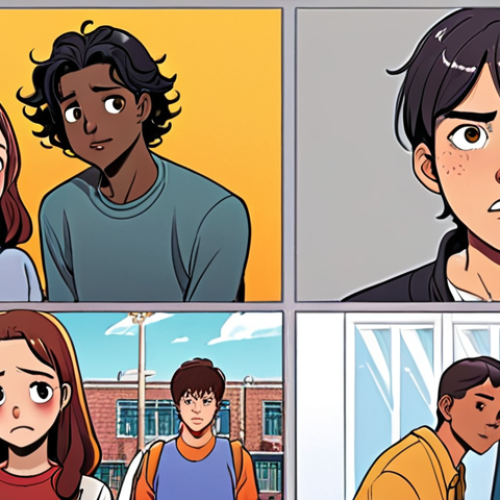Home 7 **Prompt:** A webtoon artist's portfolio, not just showing illustrations, but immersing the viewer in a unique, emotional story. Focus on a dynamic panel layout, a character bursting with personality and emotion, and a background that subtly enhances the narrative's mood. The portfolio pieces feel like a short, impactful webtoon, conveying the artist's distinct worldview and emotional storytelling ability. Vibrant colors, clean lines, expressive character design, cinematic composition.