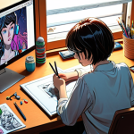 **

A webtoon artist working diligently at their desk, surrounded by digital art tools. The scene emphasizes focus and perseverance, highlighting the demanding yet rewarding nature of the profession. Include elements of creativity and passion, such as concept sketches and vibrant color palettes.

**