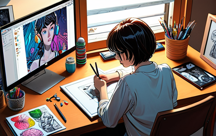 **
A webtoon artist working diligently at their desk, surrounded by digital art tools. The scene emphasizes focus and perseverance, highlighting the demanding yet rewarding nature of the profession. Include elements of creativity and passion, such as concept sketches and vibrant color palettes.
**
