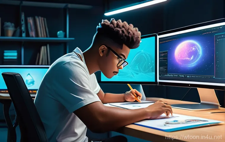 웹툰작가 필수 중점 과목 - A focused female webtoon writer, in her late 20s, with short, stylish hair, sits comfortably in a br...