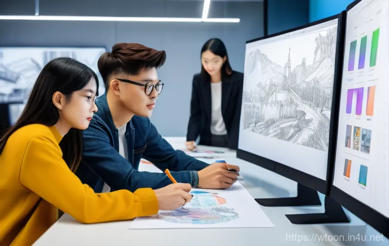 웹툰작가의 독립 창작 비결 - A male webtoon artist in his mid-30s, with a friendly smile, engaging warmly with a diverse group of...